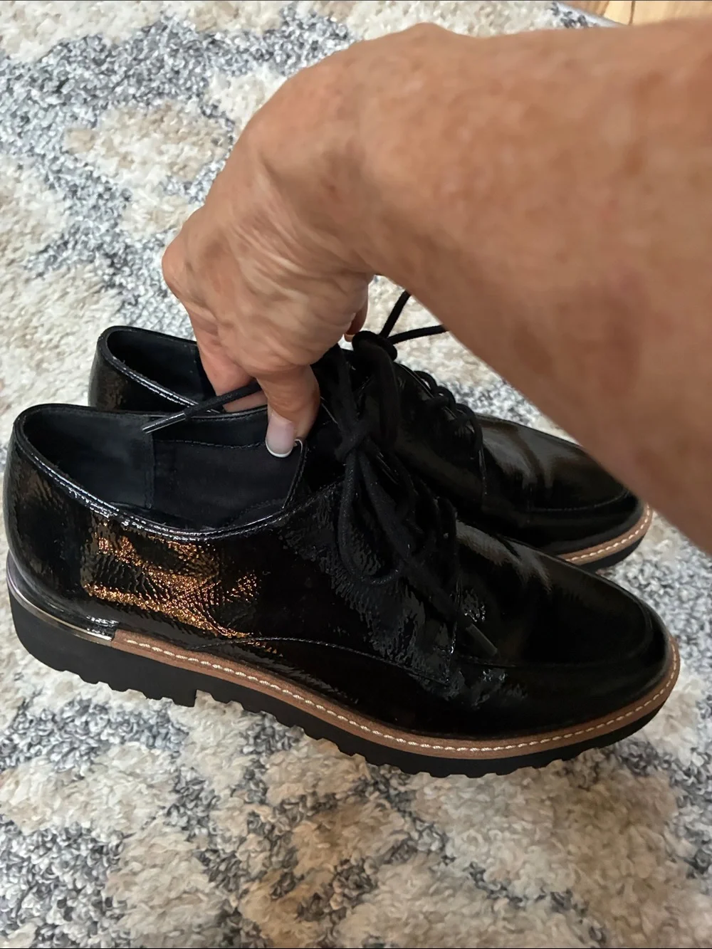 Franco Sarto Black Patent Leather Derby Shoes with Brown Welt